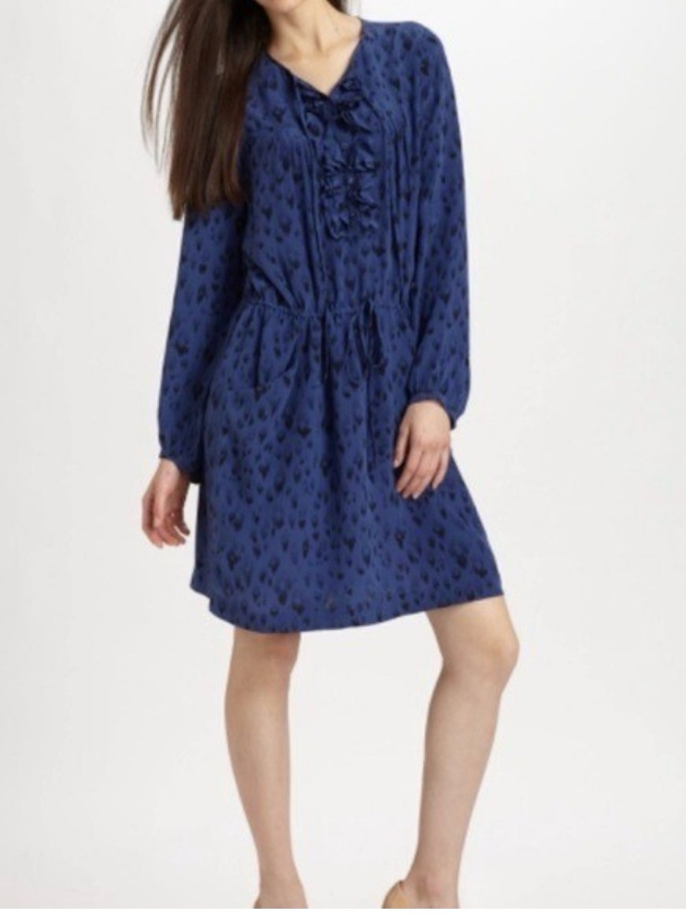 Rebecca Taylor Silk Knee Length Navy Blue Ruffle-Front Dress 2